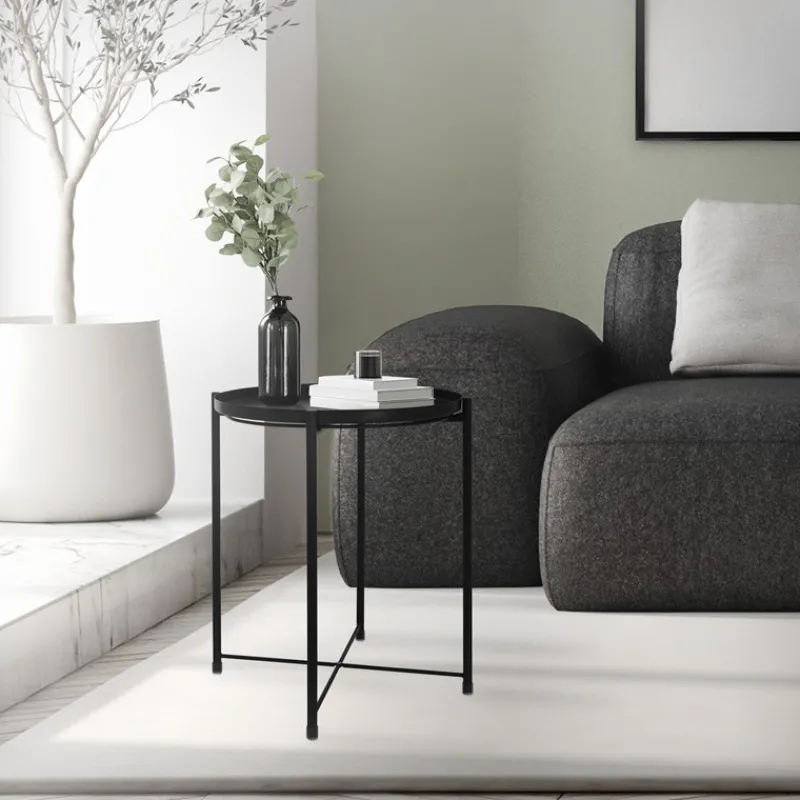 Beistelltisch rund Ø42x52 cm Schwarz aus Metall mit Tablett ML-Design-ECD Germany Online