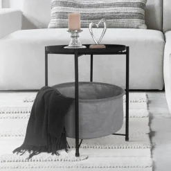 Beistelltisch rund 45,5x52,5 cm Schwarz aus Metall inkl. Stoffkorb und Tablett ML-Design-ECD Germany Clearance