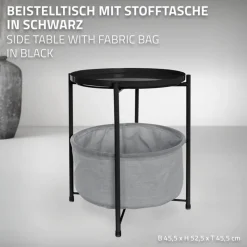 Beistelltisch rund 45,5x52,5 cm Schwarz aus Metall inkl. Stoffkorb und Tablett ML-Design-ECD Germany Clearance