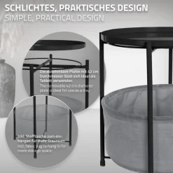 Beistelltisch rund 45,5x52,5 cm Schwarz aus Metall inkl. Stoffkorb und Tablett ML-Design-ECD Germany Clearance
