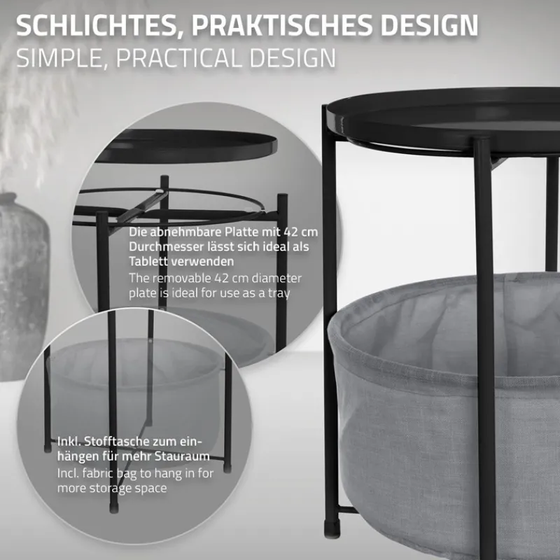 Beistelltisch rund 45,5x52,5 cm Schwarz aus Metall inkl. Stoffkorb und Tablett ML-Design-ECD Germany Clearance