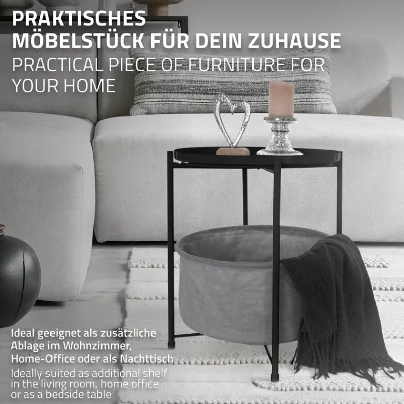 Beistelltisch rund 45,5x52,5 cm Schwarz aus Metall inkl. Stoffkorb und Tablett ML-Design-ECD Germany Clearance