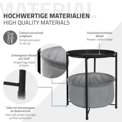 Beistelltisch rund 45,5x52,5 cm Schwarz aus Metall inkl. Stoffkorb und Tablett ML-Design-ECD Germany Clearance