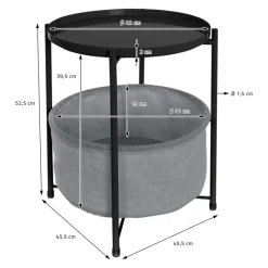 Beistelltisch rund 45,5x52,5 cm Schwarz aus Metall inkl. Stoffkorb und Tablett ML-Design-ECD Germany Clearance