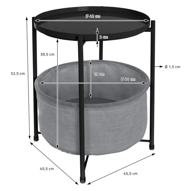 Beistelltisch rund 45,5x52,5 cm Schwarz aus Metall inkl. Stoffkorb und Tablett ML-Design-ECD Germany Clearance