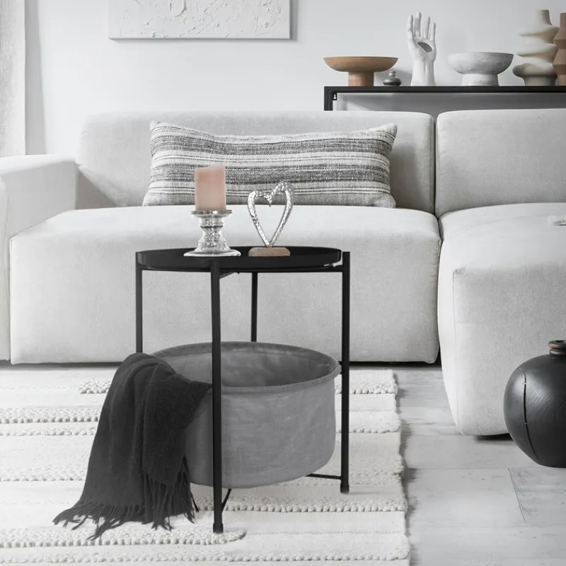 Beistelltisch rund 45,5x52,5 cm Schwarz aus Metall inkl. Stoffkorb und Tablett ML-Design-ECD Germany Clearance