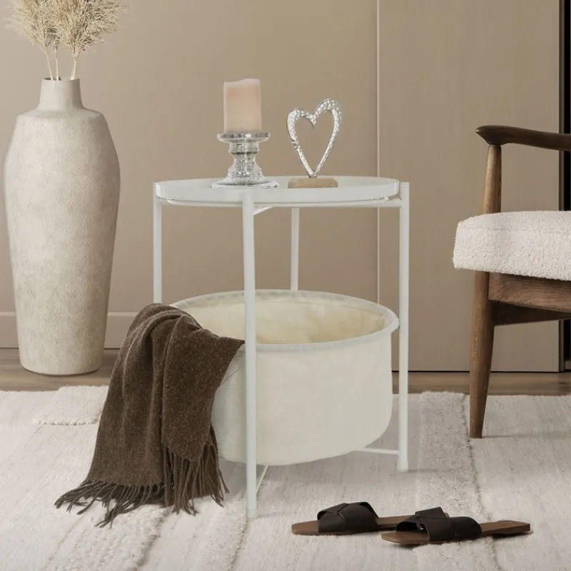 Beistelltisch rund 45,5x52,5 cm Weiß aus Metall inkl. Stoffkorb und Tablett ML-Design-ECD Germany New