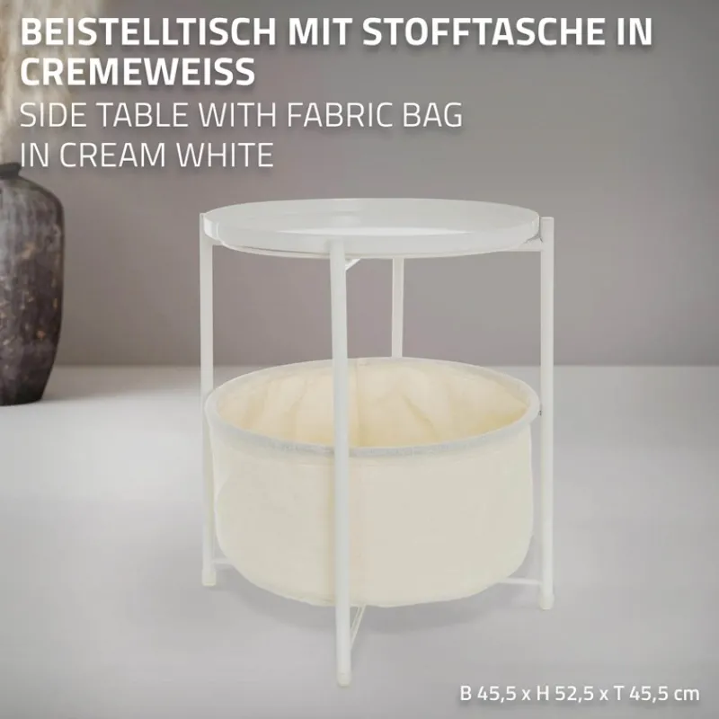 Beistelltisch rund 45,5x52,5 cm Weiß aus Metall inkl. Stoffkorb und Tablett ML-Design-ECD Germany New