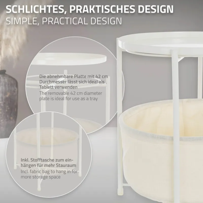 Beistelltisch rund 45,5x52,5 cm Weiß aus Metall inkl. Stoffkorb und Tablett ML-Design-ECD Germany New