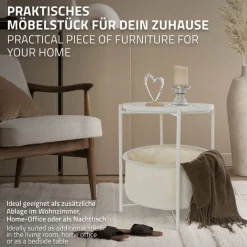 Beistelltisch rund 45,5x52,5 cm Weiß aus Metall inkl. Stoffkorb und Tablett ML-Design-ECD Germany New