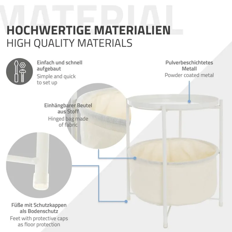 Beistelltisch rund 45,5x52,5 cm Weiß aus Metall inkl. Stoffkorb und Tablett ML-Design-ECD Germany New
