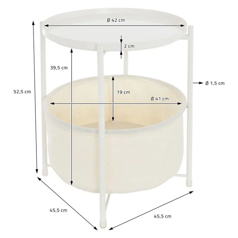 Beistelltisch rund 45,5x52,5 cm Weiß aus Metall inkl. Stoffkorb und Tablett ML-Design-ECD Germany New