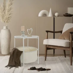 Beistelltisch rund 45,5x52,5 cm Weiß aus Metall inkl. Stoffkorb und Tablett ML-Design-ECD Germany New