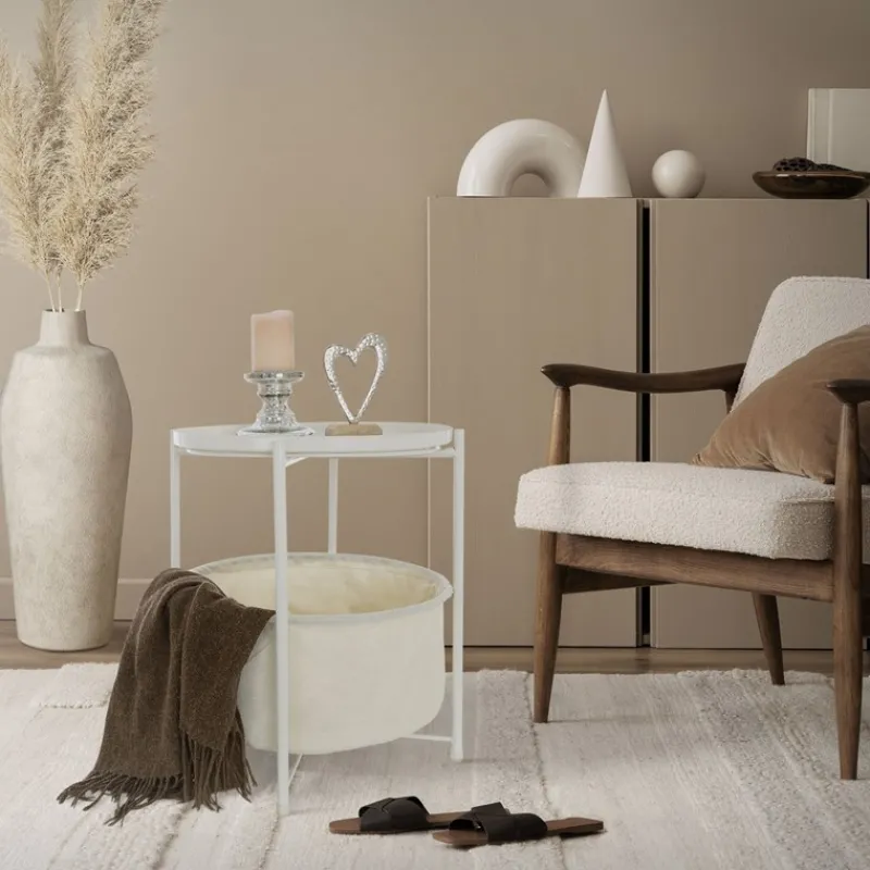 Beistelltisch rund 45,5x52,5 cm Weiß aus Metall inkl. Stoffkorb und Tablett ML-Design-ECD Germany New