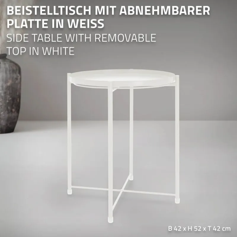 Beistelltisch rund Ø42x52 cm Weiß aus Metall mit Tablett ML-Design-ECD Germany Online