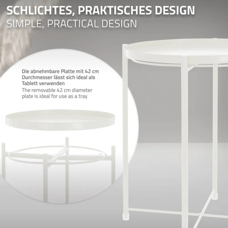 Beistelltisch rund Ø42x52 cm Weiß aus Metall mit Tablett ML-Design-ECD Germany Online