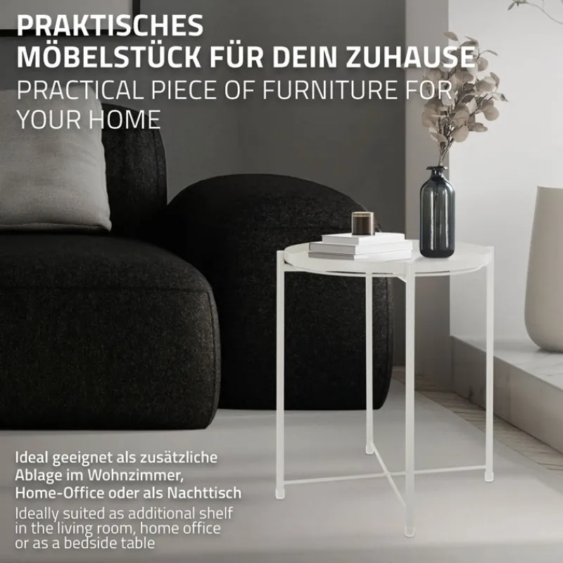 Beistelltisch rund Ø42x52 cm Weiß aus Metall mit Tablett ML-Design-ECD Germany Online