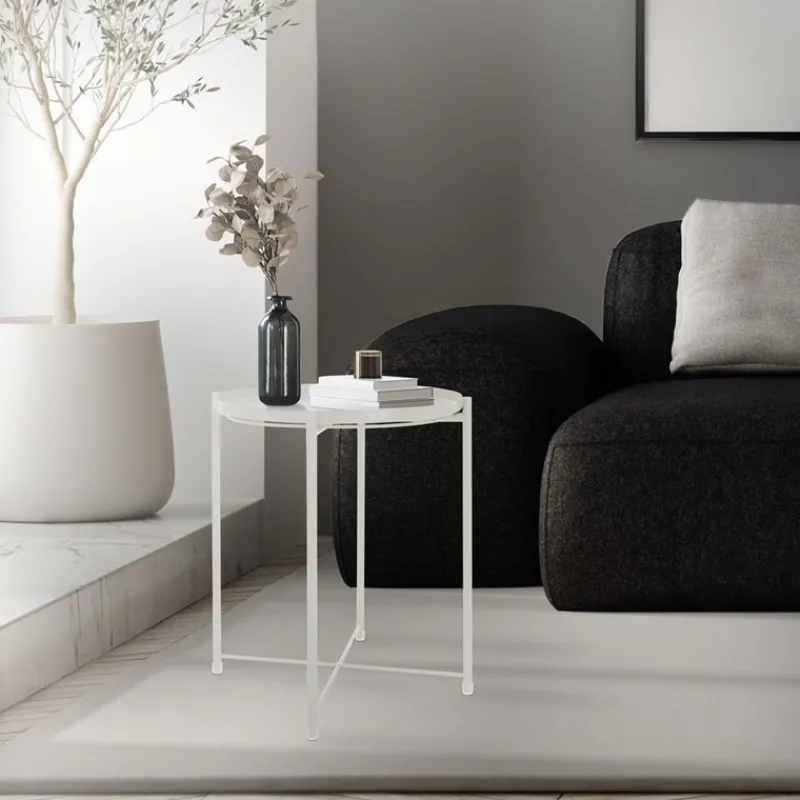 Beistelltisch rund Ø42x52 cm Weiß aus Metall mit Tablett ML-Design-ECD Germany Online