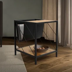 Beistelltisch 43x48 cm mit Zeitschriftenfach Eiche Optik Braun Schwarz mit Stahlgestell Wohnzimmertisch ML-Design-ECD Germany Online