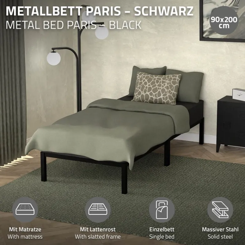 Bettgestell Einzelbett Metallbett 90x200 cm Schwarz inkl. Matratze H-16cm mit Lattenrost ML-Design-ECD Germany Hot