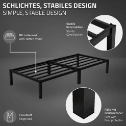 Bettgestell Einzelbett Metallbett 90x200 cm Schwarz inkl. Matratze H-16cm mit Lattenrost ML-Design-ECD Germany Hot