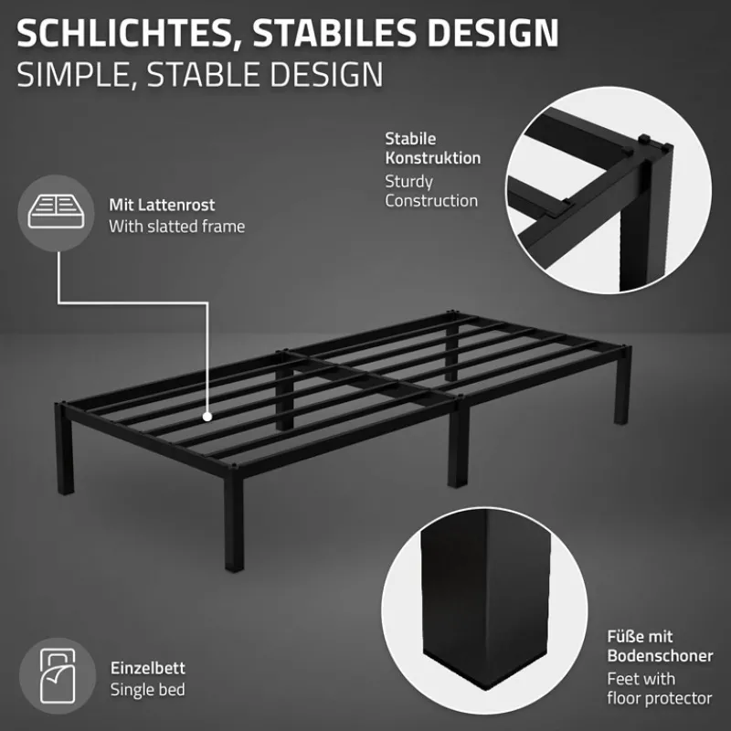 Bettgestell Einzelbett Metallbett 90x200 cm Schwarz inkl. Matratze H-16cm mit Lattenrost ML-Design-ECD Germany Hot