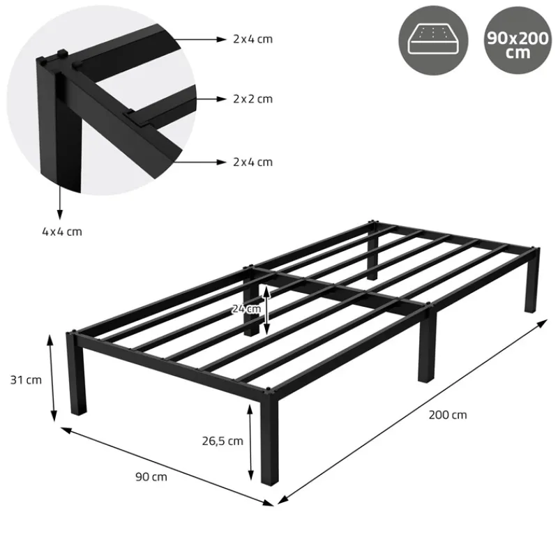Bettgestell Einzelbett Metallbett 90x200 cm Schwarz inkl. Matratze H-16cm mit Lattenrost ML-Design-ECD Germany Hot