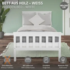 Bettgestell Einzelbett 90x200cm aus Kiefernholz in Weiß mit Lattenrost ML-Design-ECD Germany New