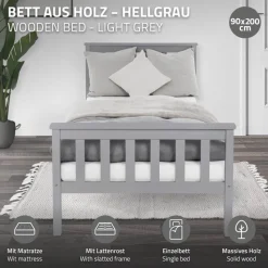 Bettgestell Einzelbett 90x200cm aus Kiefernholz in Hellgrau mit Lattenrost & Matratze H-10cm ML-Design-ECD Germany Best