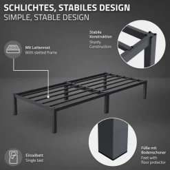 Bettgestell Einzelbett 90x200cm aus Metall in Anthrazit mit Lattenrost & Matratze H-10cm ML-Design-ECD Germany Clearance