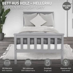 Bettgestell Einzelbett 90x200cm aus Kiefernholz in Hellgrau mit Lattenrost & Matratze H-16cm ML-Design-ECD Germany