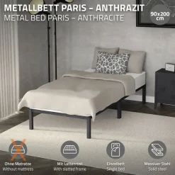Bettgestell Einzelbett 90x200cm aus Metall in Anthrazit mit Lattenrost ML-Design-ECD Germany Outlet