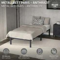 Bettgestell Einzelbett 90x200cm aus Metall in Anthrazit mit Lattenrost & Matratze H-16cm ML-Design-ECD Germany Online