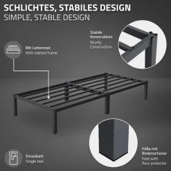 Bettgestell Einzelbett 90x200cm aus Metall in Anthrazit mit Lattenrost & Matratze H-16cm ML-Design-ECD Germany Online