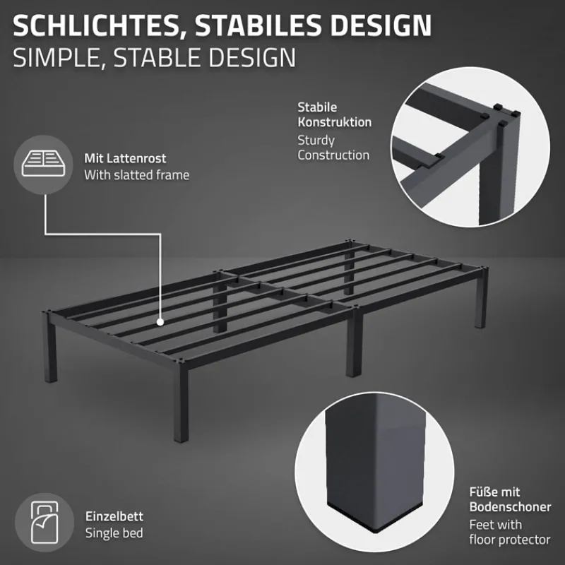 Bettgestell Einzelbett 90x200cm aus Metall in Anthrazit mit Lattenrost & Matratze H-16cm ML-Design-ECD Germany Online