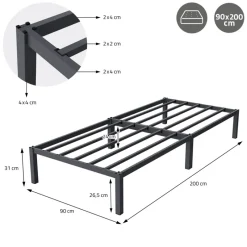 Bettgestell Einzelbett 90x200cm aus Metall in Anthrazit mit Lattenrost & Matratze H-16cm ML-Design-ECD Germany Online