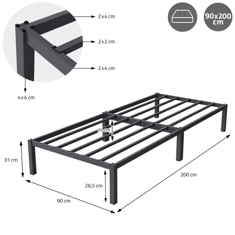 Bettgestell Einzelbett 90x200cm aus Metall in Anthrazit mit Lattenrost & Matratze H-16cm ML-Design-ECD Germany Online