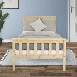 Bettgestell Einzelbett 90x200cm aus Kiefernholz in Natur mit Lattenrost ML-Design-ECD Germany Clearance