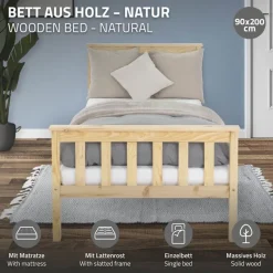 Bettgestell Einzelbett 90x200cm aus Kiefernholz in Natur mit Lattenrost & Matratze H-10cm ML-Design-ECD Germany Outlet