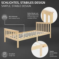 Bettgestell Einzelbett 90x200cm aus Kiefernholz in Natur mit Lattenrost & Matratze H-10cm ML-Design-ECD Germany Outlet