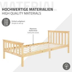 Bettgestell Einzelbett 90x200cm aus Kiefernholz in Natur mit Lattenrost & Matratze H-10cm ML-Design-ECD Germany Outlet