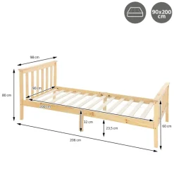 Bettgestell Einzelbett 90x200cm aus Kiefernholz in Natur mit Lattenrost & Matratze H-10cm ML-Design-ECD Germany Outlet