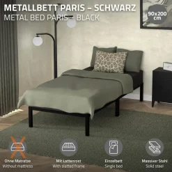 Bettgestell Einzelbett 90x200cm aus Metall in Schwarz mit Lattenrost ML-Design-ECD Germany Discount
