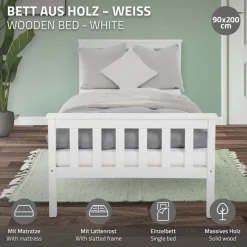 Bettgestell Einzelbett 90x200cm aus Kiefernholz in Weiß Lattenrost & Matratze H-10cm ML-Design-ECD Germany Discount