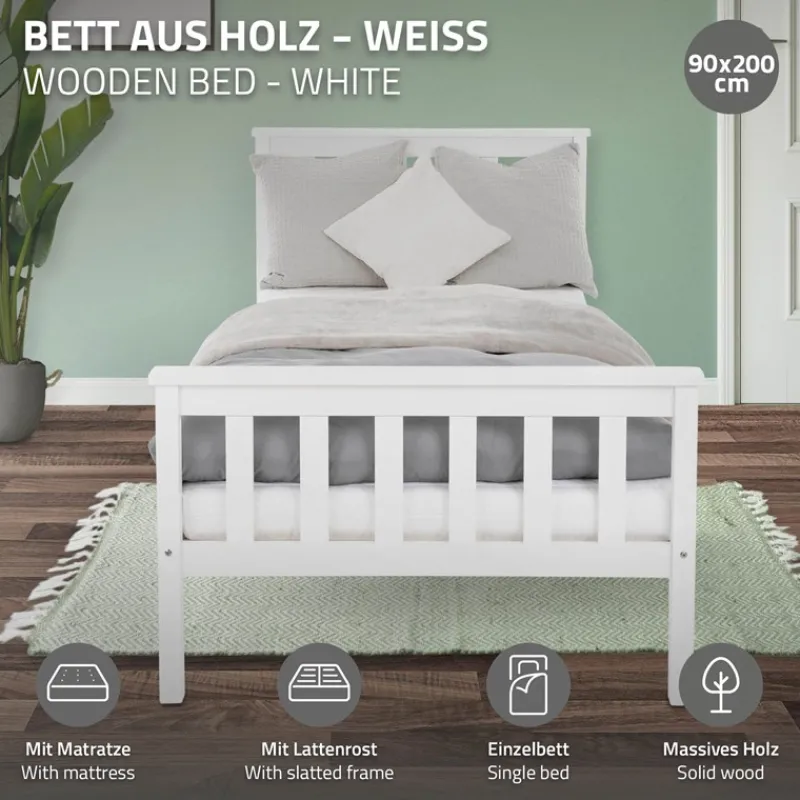 Bettgestell Einzelbett 90x200cm aus Kiefernholz in Weiß Lattenrost & Matratze H-10cm ML-Design-ECD Germany Discount