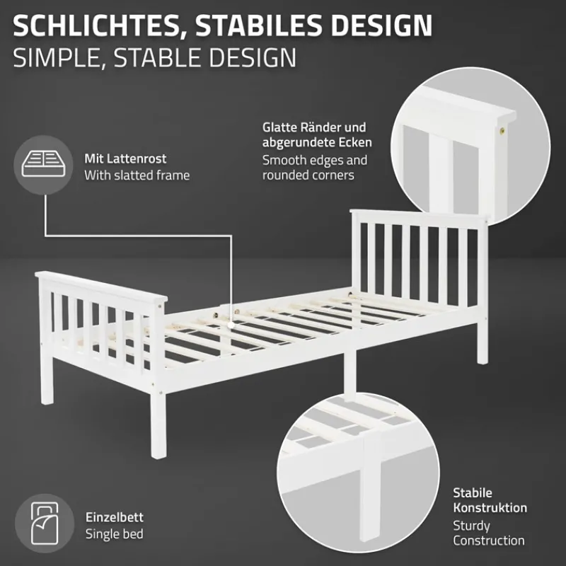 Bettgestell Einzelbett 90x200cm aus Kiefernholz in Weiß Lattenrost & Matratze H-10cm ML-Design-ECD Germany Discount