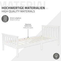Bettgestell Einzelbett 90x200cm aus Kiefernholz in Weiß Lattenrost & Matratze H-10cm ML-Design-ECD Germany Discount