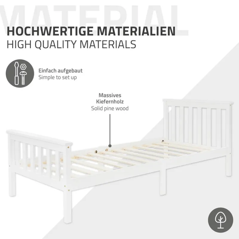 Bettgestell Einzelbett 90x200cm aus Kiefernholz in Weiß Lattenrost & Matratze H-10cm ML-Design-ECD Germany Discount
