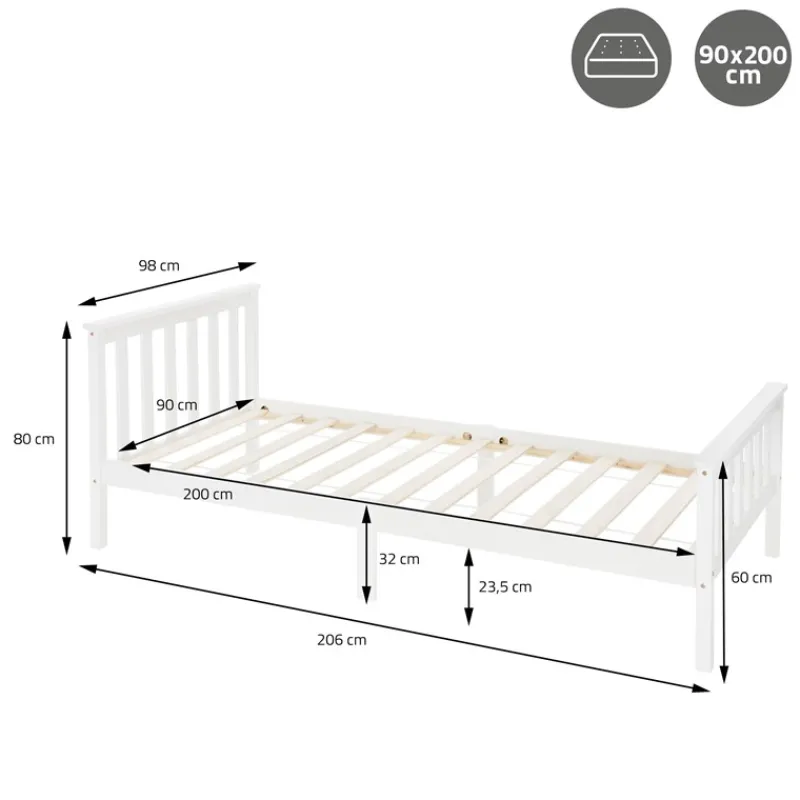 Bettgestell Einzelbett 90x200cm aus Kiefernholz in Weiß Lattenrost & Matratze H-10cm ML-Design-ECD Germany Discount
