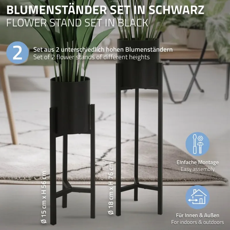 Blumenständer 2er Set mit herausnehmbarem Blumentop rund Schwarz aus Metall ML-Design-ECD Germany New